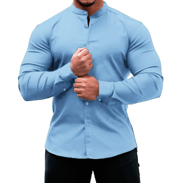 Long Sleeve Shirt Men Casual Button Down Slim Tops Solid Color Casual Mens Clothing - Image 9