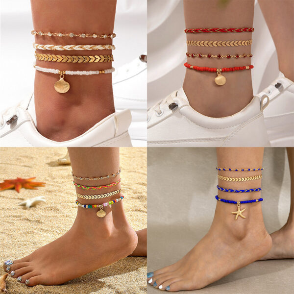 4pcs Set Bohemian Woven Rope Foot Chain For Men And Women Geometric Alloy Black Beads Dropping Oil Anklet Set Summer Fashion Jewelry - Image 4